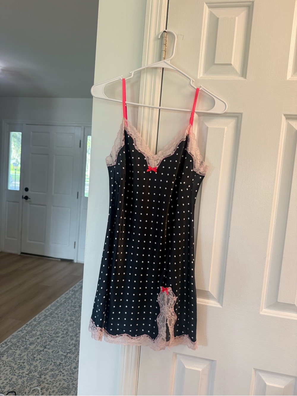 Victoria's Secret Black Polka Dot Lace-Trim Chemise with Pink Accents